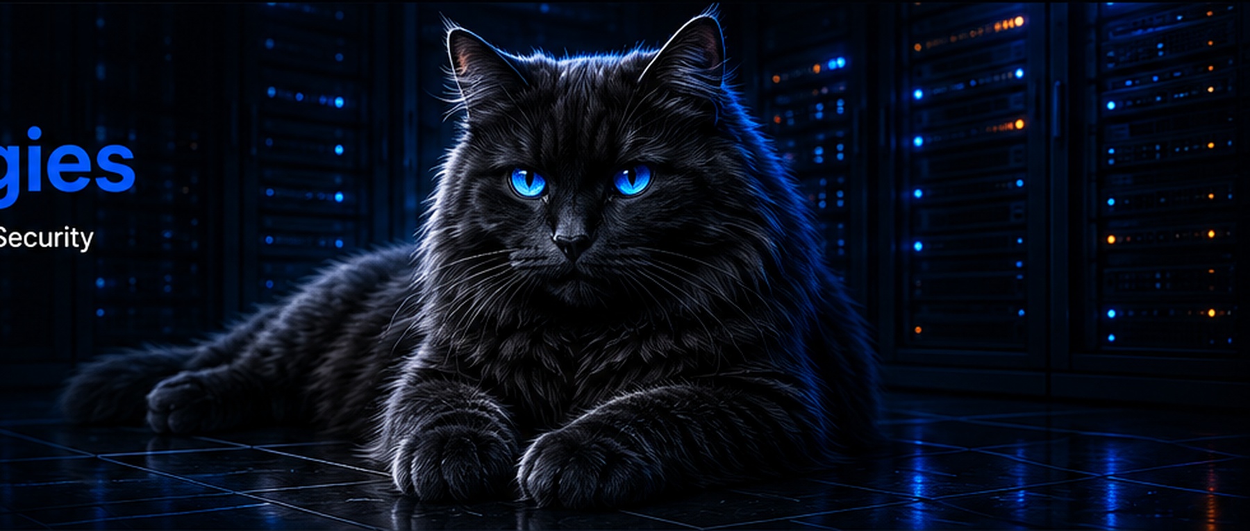 Black cat in a blue-lit server room